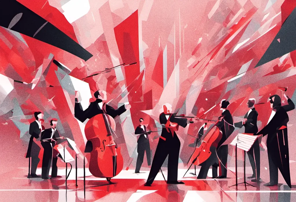 Abstract illustration of orchestra musicians on stage.